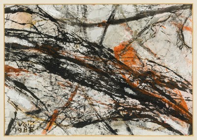 Ferenc Varga, 1906 Terezföld/Ungarn-1989 Neustadt/Wstr., ohne Titel, Mischtechnik aufStoff, links unten sign. und dat. 1986, ca. 21x30cm, PP, u.Gl., ...