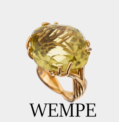 18 kt Gold WEMPE BY KIM Lemoncitrin-Ring, RoseG 750/000, Lemoncitrin im Fantasieschliff ca. 30.0 ct, RW 53, ca. 19.0 g