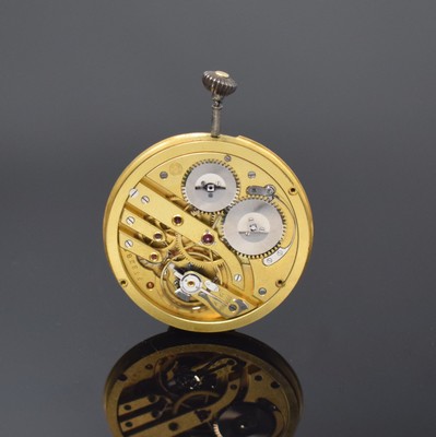 IWC Taschenuhrwerk Kaliber 74, Schweiz um 1920, gold. Zifferbl. m. arab. Zahlen, gebl. Zeiger, kl. Sek. b. 6, verg. Brückenankerwerk m. Komp.-Unr. ...
