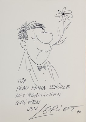 Loriot (Vicco von Bülow), 1923-2011, Zeichnung eines Knollennasenmännchens mit Blume, handschriftl. Widmung: für Frau Emma Schürle mit herzlichen ...