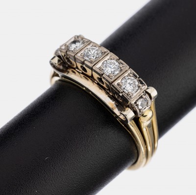 14 kt Gold Diamant-Ring, GG/WG 585/000 gepr., 4 Brillanten zus. ca. 0.25 ct feines Weiß-Weiß/vs-si, 2 kl. Diamantrosen, RW 53, ca. 4.5 g, ...