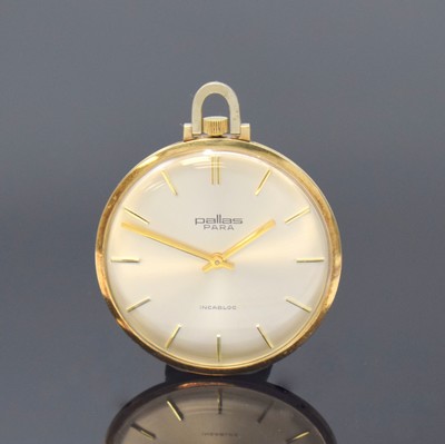 PALLAS Para Frackuhr in GG 585/000, Schweiz um 1965, Handaufzug, Glasrand aufgedr., rücks. m. Datumsgravur, silb. Zifferbl. m. gold. Std.-Ind., ...