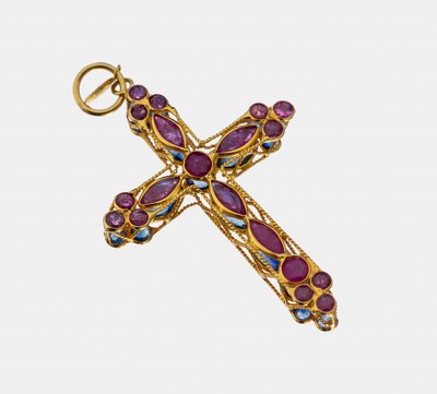 18 kt Gold Rubin-Saphir-Kreuzanhänger, GG 750/000, feine zarte Verarbeitung, 1 Seite mit14 rundfacett. Rubinen und 5 Rubin-Navettes zus. ca. 0.50 ...