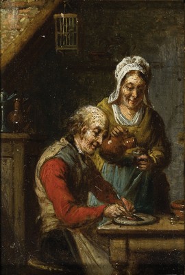 Unbekannter Künstler der Mitte des 19. Jh., 2 Pendants: Öl auf Holz, 1x älteres Paar in der Küche, 1x junges Paar beim Füttern des Säuglings,je ...