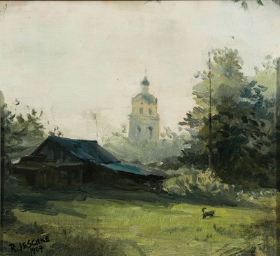 Richard Jeschke, 1871 Jüterbog-1924 Kassel, Blick über Wiese und Scheune auf einen Kirchturm, Öl/Lwd/Holz, links unten sign. und dat. 1907, ca. ...