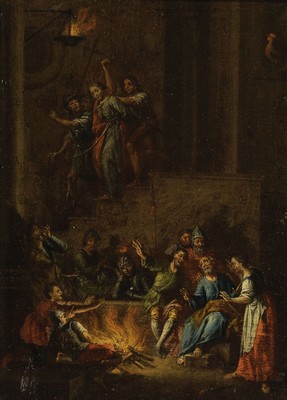 Unbekannter Maler des 19. Jh., Die Verleugnung des Petrus, Öl/Lwd, rest., im oeren teil wird Jesus abgeführt, unten sitzen die Apostel mit den ...
