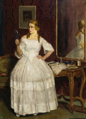 Wilhelm Wiegmann, 1851-1920 Berlin, Junge Frau im Ballkleid vor Spiegel und Toilettentisch, Öl/Lwd, rechts unten sign., ca. 75x56cm, Prunkrahmen ...