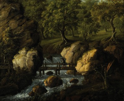 Ferdinand Aldefeld, erw. zwischen 1816 und 1830, Wanderer überquert einen Wildbach in bewaldeter Landschaft, Öl/Lwd, links unten schwer lesbar ...