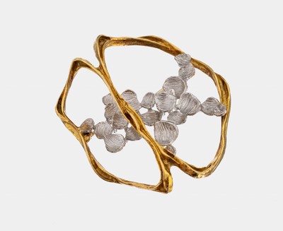 18 kt Gold Brosche, GG/WG 750/000, Meistermarke unged., total ca. 11.6 g, ca. 3.5 x 4 cm