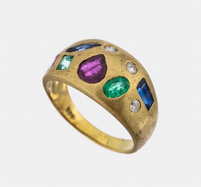 14 kt Gold Farbstein-Brillant-Ring, GG 585/ 000, matt., Rubine, Saphire und Smaragde inversch. Schliffformen zus. ca. 1.80 ct, 4 Brillanten zus. ca. ...