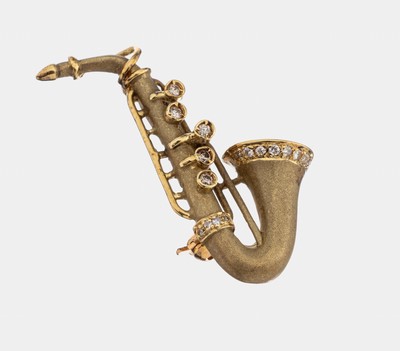 14 kt Gold Diamant-Brosche Saxophon, GG 585/000, z.T. sat., Brillanten zus. ca. 0.13 ct Weiß/si, ca. 3.8 g, L. ca. 3 cm