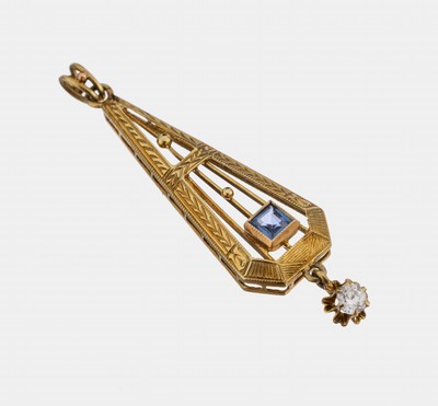 14 kt Gold Saphir-Brillant-Anhänger, GG 585/000, um 1910, Saphir-Karree ca. 0.10 ct, Brillant ca. 0.07 Weiß/si, ca. 1.6 g, L. ca. 4 cm