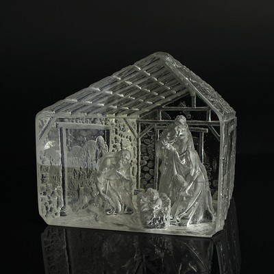 Glaskunst-Objekt, Kristian Klepsch, Mizzi Glashütte, Uttendorf, Weihnachtskrippe, farbloses Glas, geschliffen und geätzt, mehrdimensionaler Dekor, ...