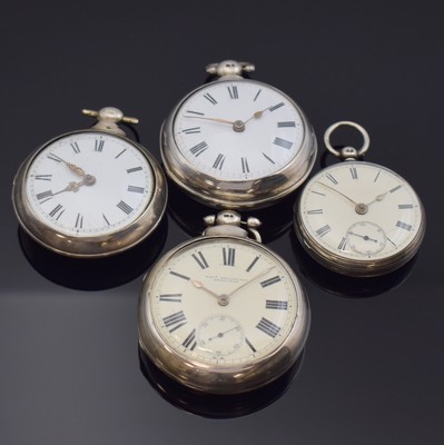 Konvolut: 4 offene Taschenuhren, 2 x Silber-Spindeltaschenuhren mit Übergehäuse, beide Antrieb über Kette und Schnecke, verg. Werke m. filigr. ...