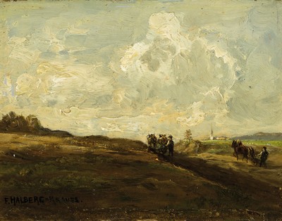 Fritz Halberg-Krauss, 1874 Stadtprozelten-1951Prien am Chiemsee, Dachauer Landschaft mit zwei pflügenden Bauern, im Hintergrund Blick auf Dachau, ...