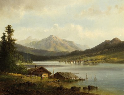 Anton Doll, 1826-1887 München, Blick auf den Tegernsee, vordergründige Fischerhüttemit Figurenstaffage, links unten schwach lesbar signiert ...