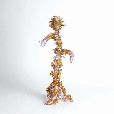 Glasleuchter, Ermanno Nason für Cenedese, Murano, Italien, 1963-72, Neodymium-Glas, Goldmalerei, Rosenrankenform mit applizierten Blüten und ...