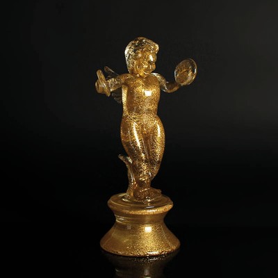 Paar Glasskulpturen, Ermanno Nason für Cenedese, Murano, Italien, 1963-72, farbloses Glas, Goldeinschmelzungen, Engelchen mit Laute und Becken, H. ...