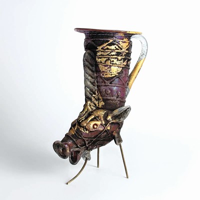Figürliches Gefäß "Vetro a scavo"-Unikat, Ermanno Nason bei Cenedese, 1963-72, Gestalt eines ur- bzw. frühgeschichtlichen Rhyton ...