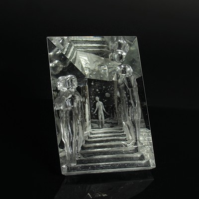 2 Glaskunst-Objekte, Kristian Klepsch, Mizzi-Glashütte, Uttendorf, farbloses Glas, geschliffen und geätzt, Reliefdekor, "Stairways to ...