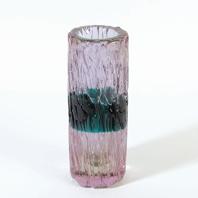 Glasvase, Ermanno Nason für Cenedese, Murano, Italien, Neodymium-Glas, so-Dekor in Türkis und gelb, Baumrinden-ähnliche Oberfläche, schwere ...