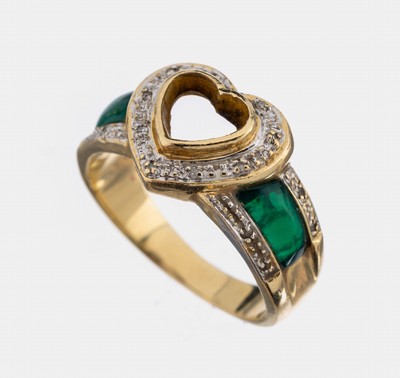 14 kt Gold Diamant-Achat-Ring, GG/WG 585/000, kl. 8/8-Diamanten, Ringschultern mit grünen Achateinlagen (gefärbt), RW 58, ca. 5.9g