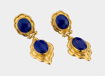 Paar 18 kt Gold Lapislazuli-Ohrstecker, GG 750/000, ovale Lapislazuli-Cabochons, länglichbewegl., L. ca. 5 cm, ca. 14.1 g, Clipbrisuren