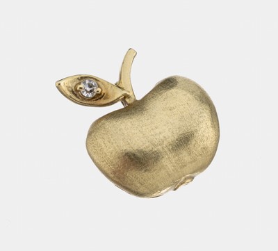 14 kt Gold Diamant-Anhänger, GG 585/000 gepr., sat., Darstellung eines Apfels, 1 8/8- Diamant ca. 0.02 ct (grav.) Weiß/si, ca. 1.9 g