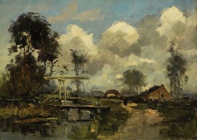 Frans Haars o.ä., niederländischer Maler der 1. Hälfte des 20.Jh., Bauerngehöft am Weiher, Öl/Lwd, rechts unten sign., ca. 50x70cm, R. ca. ...