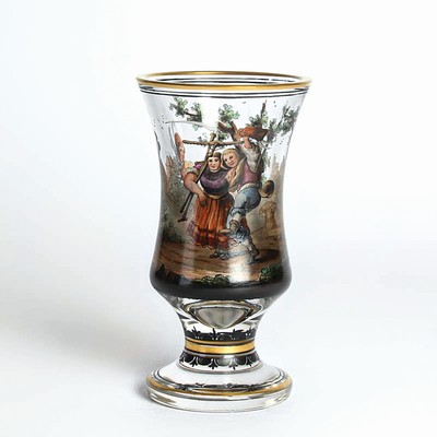 Pokalglas, Böhmen, Mitte 19. Jh., dickwandiges farbloses Glas, umlaufend reich bunt bemalt mit Bauernpaar und Dudelsackspieler mit Bäumen, Feld und ...