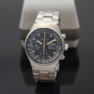 SINN Armbandchronograph Referenz 144 in Stahl, Schweiz um 1995, Automatik, beids. vergl. Geh., orig. Gliederband m. Faltschl., Boden u. Krone ...