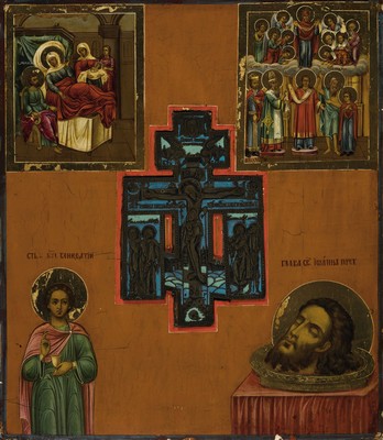 Staurothek-Ikone, Russland, 2. Hälfte, 19. Jh., Tempera auf Holz, mit eingefügtem emailliertem Bronzekreuz, leichte Altersschäden, in zwei Feldern ...