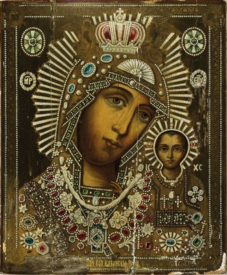 Große Ikone, Russland, 2. Hälfte 19. Jh., Mutter Gottes mit Kind, Hodegetria, reiche Goldprägung,, beschädigt, 53x44 cm