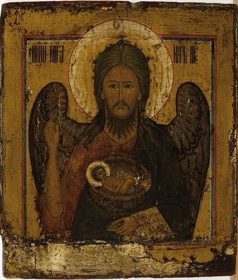 Ikone, Russland, frühes 19. Jh., Johannes der Täufer geflügelt, Tempera auf Holz, krakeliert, altersbedingt beschädigt und rest., ca. 32 x 24 cm