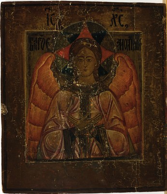 Ikone, Russland, erste Hälfte 19. Jh., Christus das heilige Schweigen, Christus als junger Engel mit vor der Brust gekreuzten Händen, beschädigt, ...