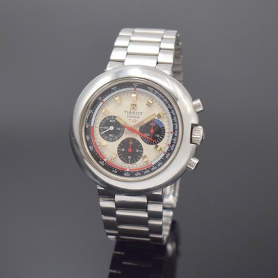 TISSOT T12 Armbandchronograph, Schweiz um 1970, Handaufzug, massives Stahlgeh., Boden aufgedr., original Gay Freres Band m. Faltschl., silb. ...