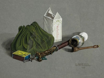 L. Niessl, Pseudonym des Ludwig Baehr-Carnap, 1871 Saarlouis-1944 Mallorca, Stillleben mit Pfeife, Tabakbeutel und Streichhölzern, Aquarell auf ...