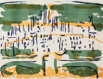 Rudi Baerwind, 1910-1982 Mannheim, Abstrakte Gartenlandschaft, Farblithographie, sign. und dat. 75, Widmung: Für R. Scheuermann, ca. 29x38cm, PP, ...