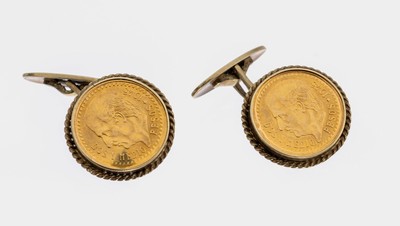 Paar 8 kt Gold Münz-Manschettenknöpfe, GG 333/000, 2 lose gefasste Goldmünzen, 2.5 PesosMexiko 1945, ca. 11.1 g