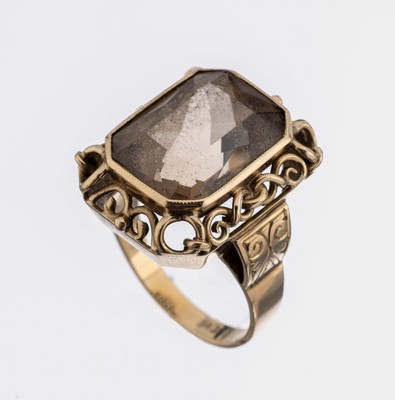 14 kt Gold Rauchquarz-Ring, 1950er Jahre, GG 585/000, facett. Rauchquarz, Rahmung mit Voluten, RW 58, ca. 9.2 g