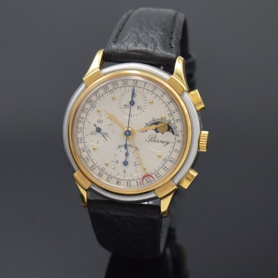 BERNEY Armbandchronograph mit Datum und Mondphase, Schweiz um 1990, z. T. verg. Edelstahlgeh., Boden verschr., silb. Zifferbl. z. T. guill., ...