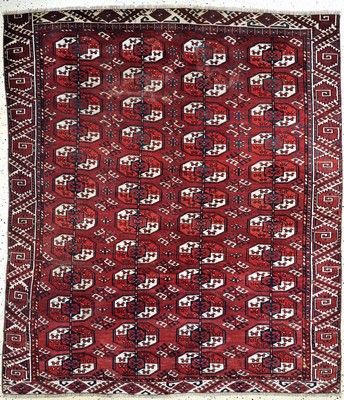 Tekke Hauptteppich antik, Turkmenistan, 19.Jhd, Wolle auf Wolle, ca. 226 x 200 cm, verkürzt, EHZ: 4, (mehrere Löcher & Risse)