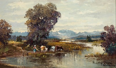 Randolf Wehn, 1911-1990 München, Landschaft im Dachauer Moos, Bäuerin mit Kühen an der Tränke, rechts unten signiert, Öl/Lwd, 31x50 cm, Rahmen ...