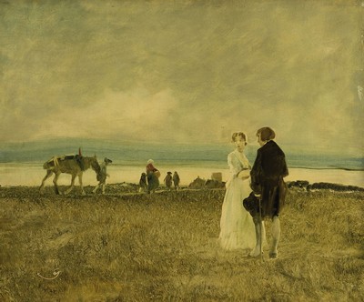 Wilhelm Schreuer, 1866 Wesel - 1933 Düsseldorf, Personen am Strand, elegantes Paar im Gespräch, im Hintergrund mehrere Personen auf dem Weg zum ...