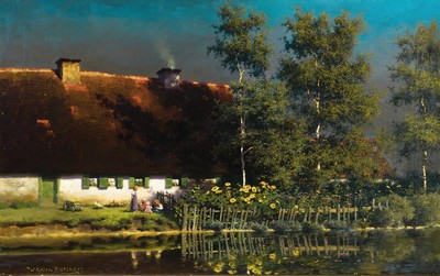 Paul Wilhelm Keller-Reutlingen, 1854 Reutlingen-1920 München, Bauernhaus am Flussufer, davor spielende Kinder und Sonnenblumen, Abendstimmung, ...