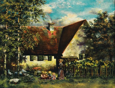 Paul Wilhelm Keller-Reutlingen, 1854 Reutlingen-1920 München, Idyllische Szenerie mit spielenden Kindern und Gänsen vor einem Bauernhaus, Öl/Lwd, ...