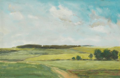Georg Kampmann, 1859 Boppard-1917 Bad Godesberg, helle weite Landschaft, Mischtechnik auf Malkarton, links unten sign.,ca. 28x42cm, u.Gl., R. ca. ...