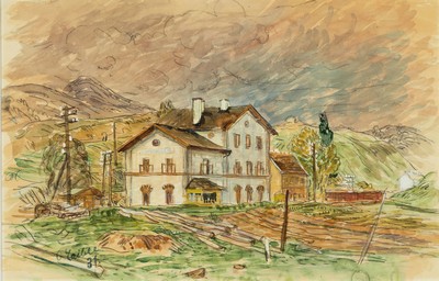 Otto Laible, 1898-1962 Haslach, Der Bahnhof in Albersweiler, Aquarell auf Papier, links unten signiert und dat. 31, ca. 31x48cm, PP, u.Gl., R. ca. ...