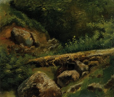 Jakob Emil Schindler, 1842 Wien-1892 Westerland, Landschaftsstudie, Öl/Malkarton,ca. 22x25cm, R. ca. 31x34cm, die Verfasserin des Werkverzeichnisses ...