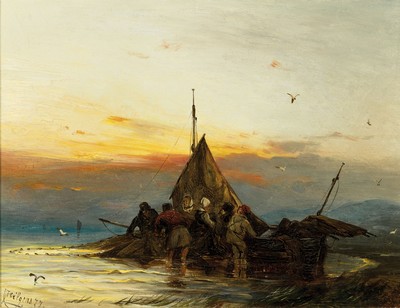 Carl Hilgers, 1818-1890 Düsseldorf, Entladen der Fischerboote im Morgenrot, Öl/Holz, links unten sign. und dat. 77, ca. 20x27cm, R. ca. 33x39cm, ...